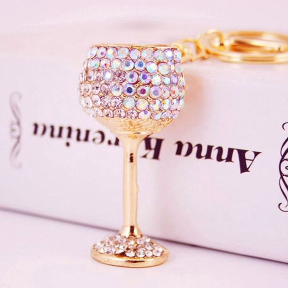 Blingy Nice Gold Rhinestone Wine Glass Keychain! - Picture 3 of 3